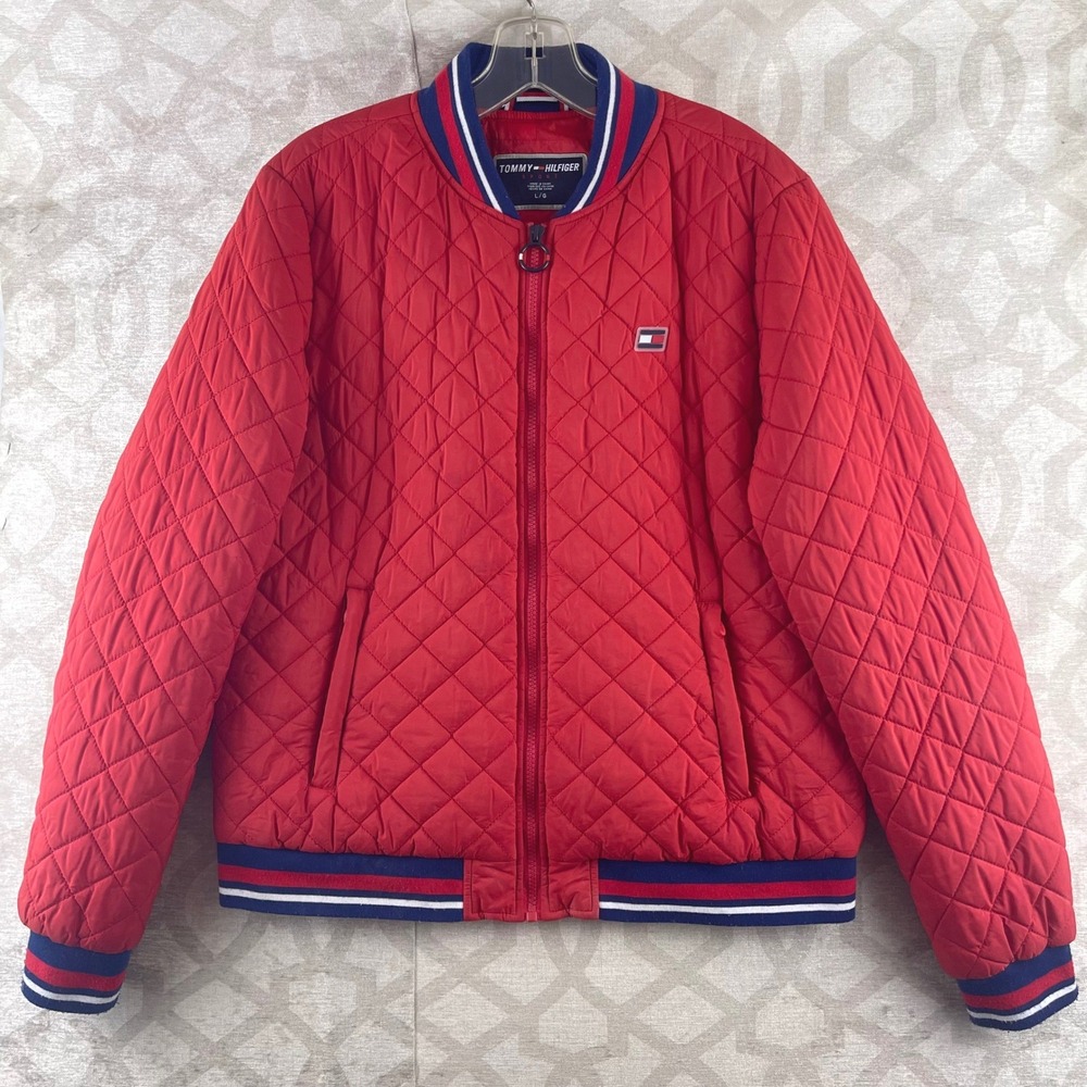 Tommy Hilfiger Sport Womens Red Quilted Bomber Jacket L Striped Trim‎ Full Zip